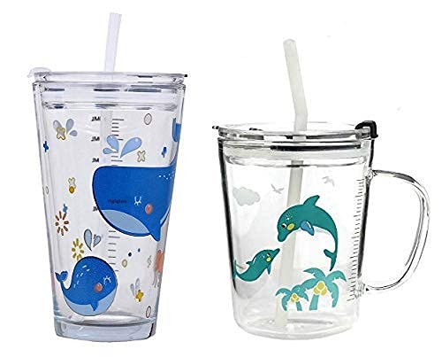 RIOMTRIC Glass Mug Random Design Cartoon Pattern, Creative Multipurpose Drinking Measuring Mug/Cup with Silicone Straw and Lid (350ml+400ml) -Pack of 2