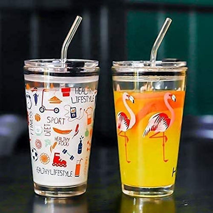 RIOMTRIC Glass Mug Random Design Cartoon Pattern, Creative Multipurpose Drinking Measuring Mug/Cup with Silicone Straw and Lid (350ml+400ml) -Pack of 2