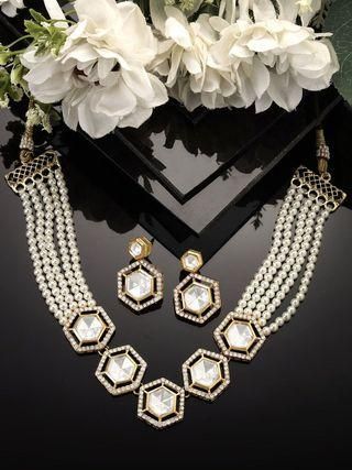 Karatcart Pearl Beaded Hexagonal Polki Kundan Necklace Set for Women