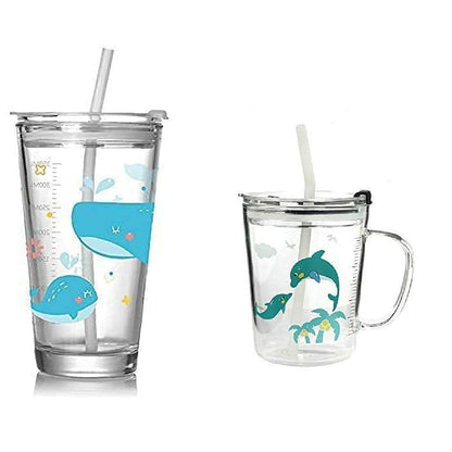 RIOMTRIC Glass Mug Random Design Cartoon Pattern, Creative Multipurpose Drinking Measuring Mug/Cup with Silicone Straw and Lid (350ml+400ml) -Pack of 2