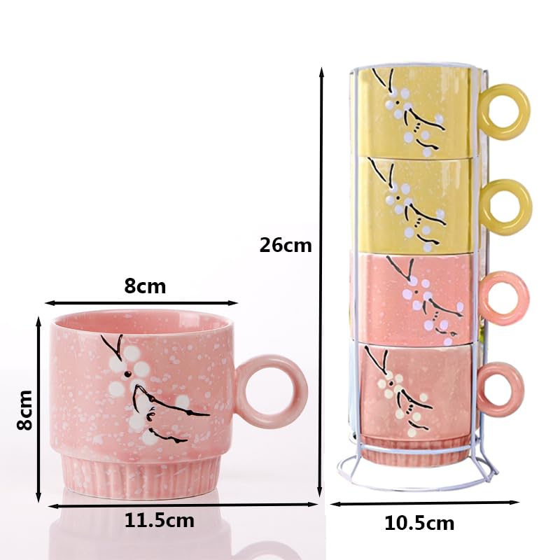 BonZeal Anniversary Gift for Mom Wife Ceramic Pastel Color Stackable Coffee Mug Tea Cup Set of 4 with Metal Stand Holder for Kitchen 270 ml