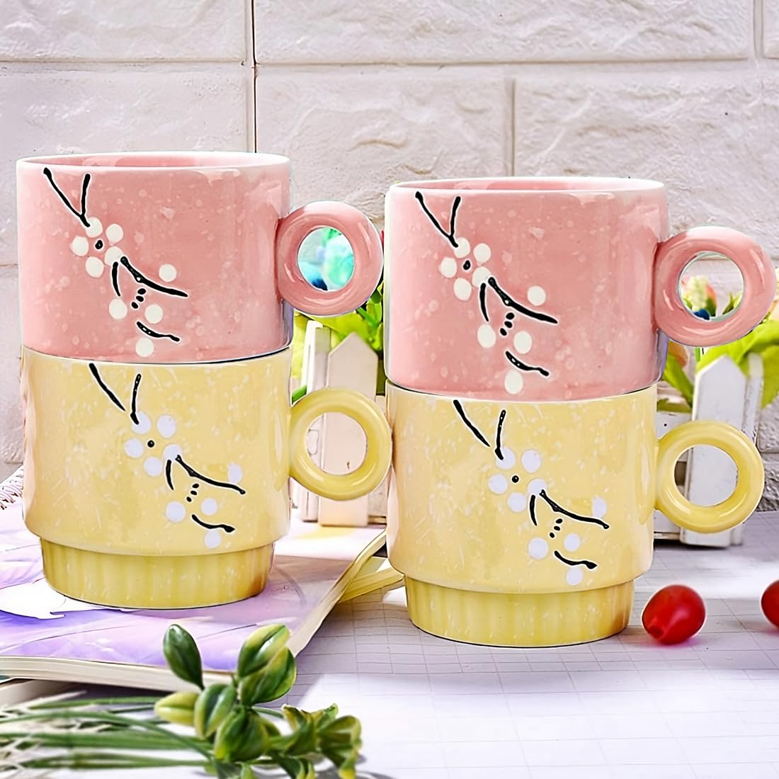 BonZeal Anniversary Gift for Mom Wife Ceramic Pastel Color Stackable Coffee Mug Tea Cup Set of 4 with Metal Stand Holder for Kitchen 270 ml