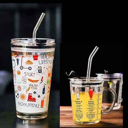 RIOMTRIC Glass Mug Random Design Cartoon Pattern, Creative Multipurpose Drinking Measuring Mug/Cup with Silicone Straw and Lid (350ml+400ml) -Pack of 2