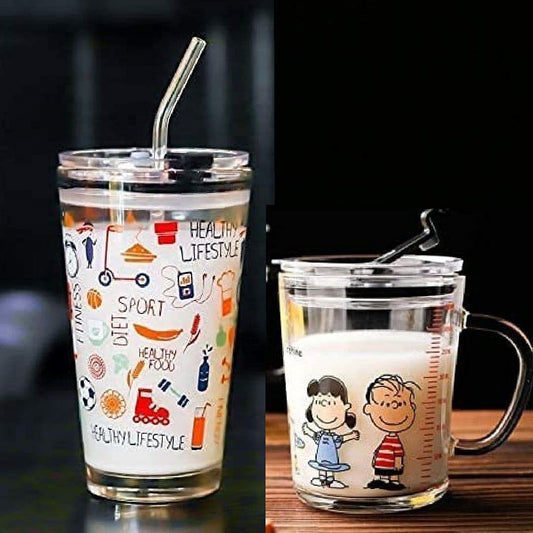 RIOMTRIC Glass Mug Random Design Cartoon Pattern, Creative Multipurpose Drinking Measuring Mug/Cup with Silicone Straw and Lid (350ml+400ml) -Pack of 2