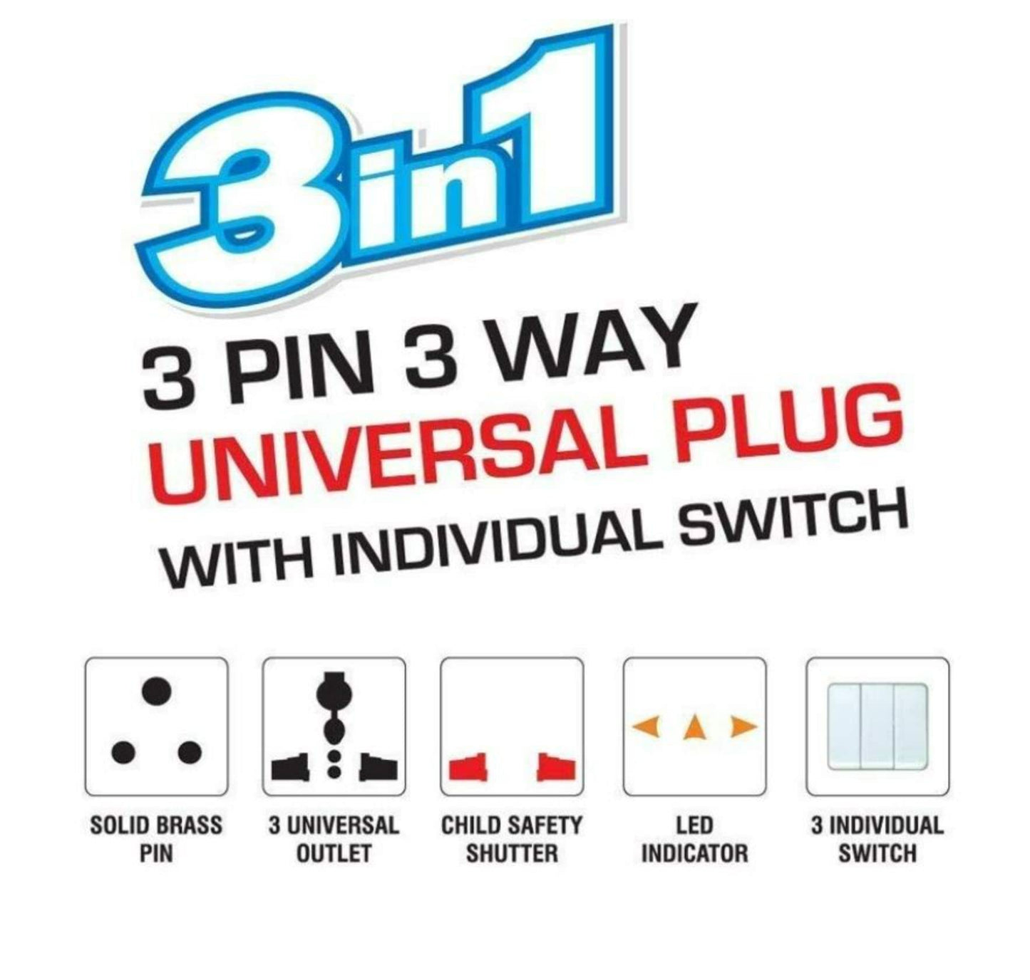 SKADIOO multiplug | Three pin Plug Socket | 3-in-1 Universal Travel Adapter Multi-Plug with Individual Switch Socket with Individual Switch Spike Buster Fuse Protected