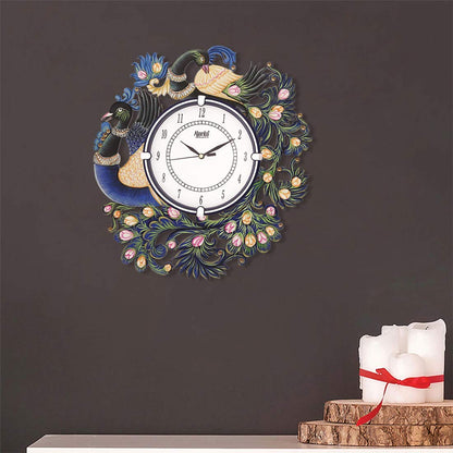 CIRCADIAN Peacock Design Wooden Wall Clock for Home Living Room Hall Office Stylish (Blue || 13X14 in) Analog