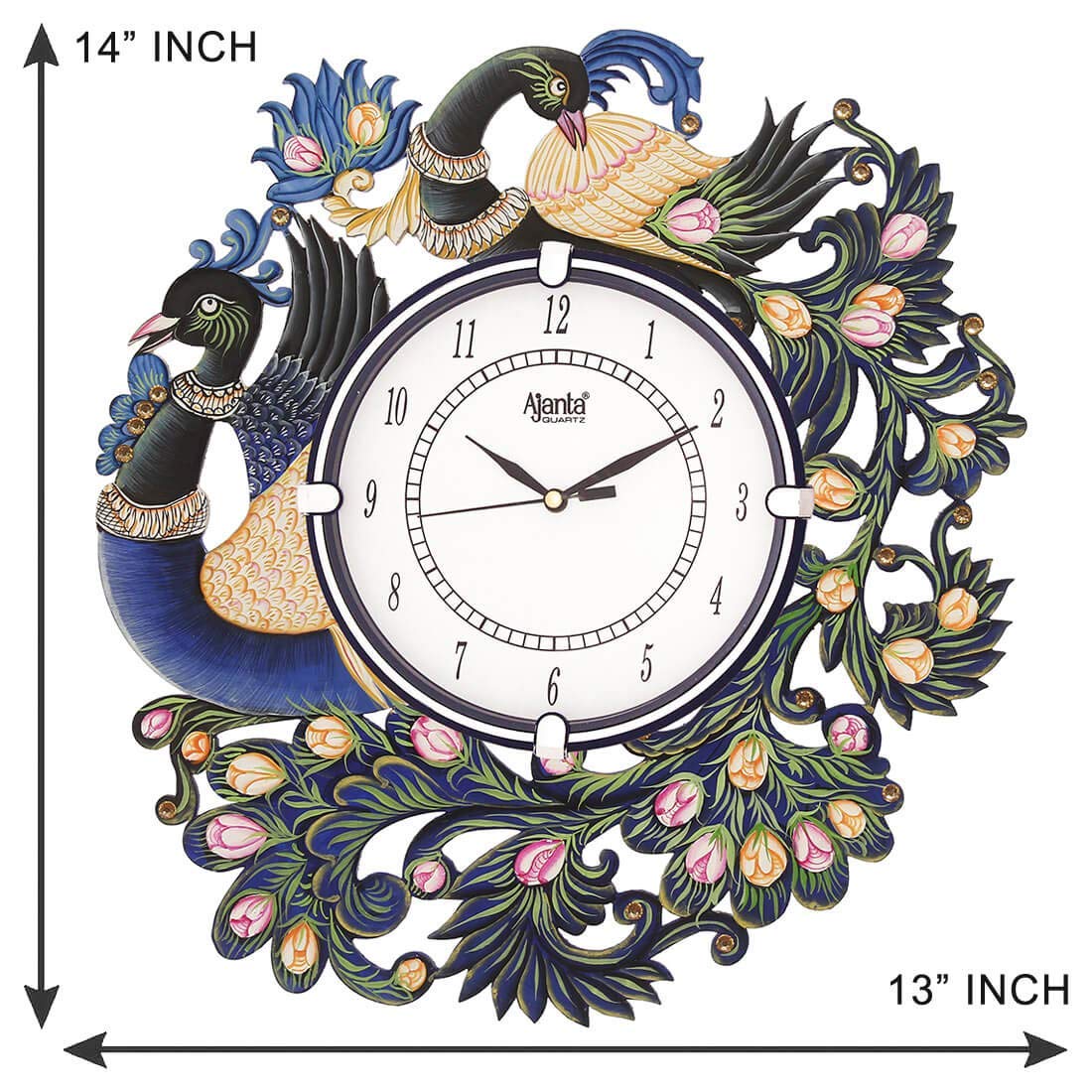 CIRCADIAN Peacock Design Wooden Wall Clock for Home Living Room Hall Office Stylish (Blue || 13X14 in) Analog