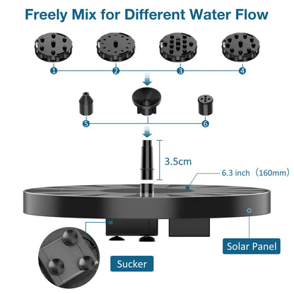 AISITIN 2.5W Solar Bird Bath Fountain Pump, Solar Fountain Pump for Bird Bath with 6 Nozzles, 6.7" Solar Powered Water Fountain Pump for Garden, Ponds, Pool, Fish Tank, Outdoor and Aquarium