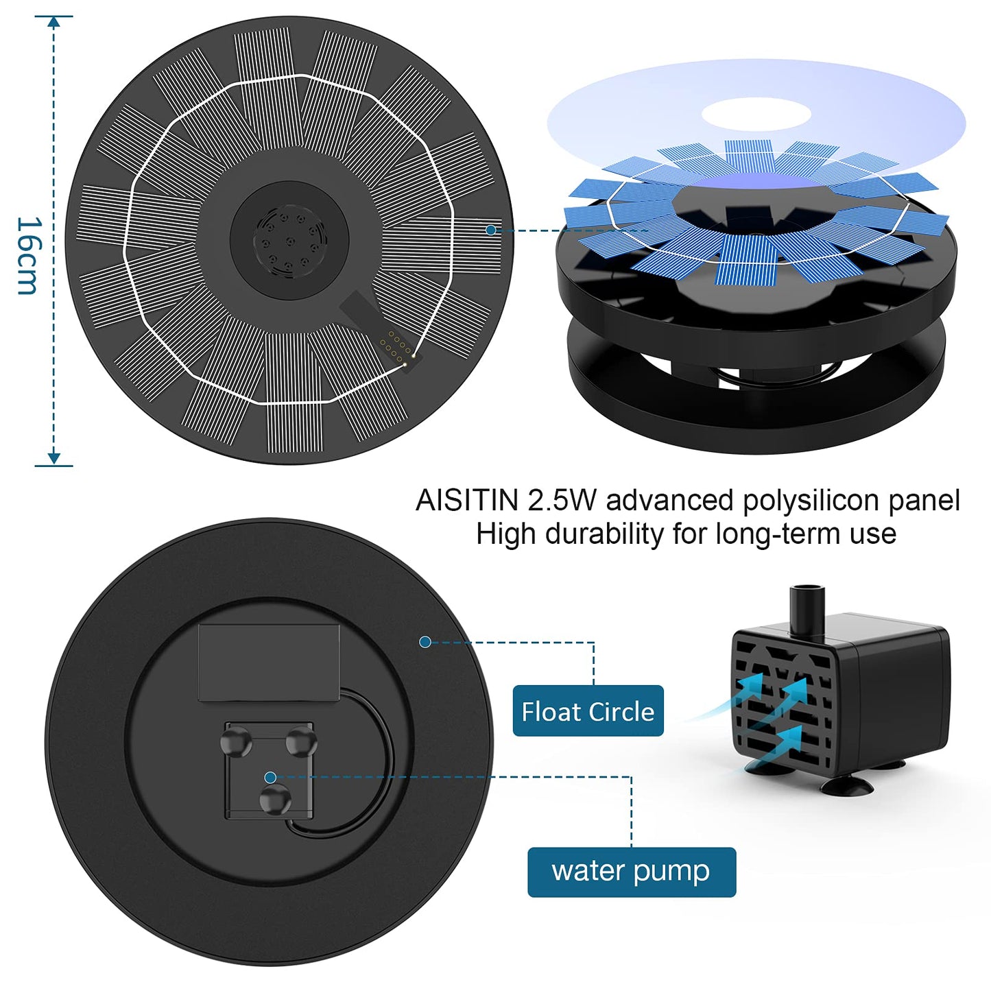 AISITIN 2.5W Solar Bird Bath Fountain Pump, Solar Fountain Pump for Bird Bath with 6 Nozzles, 6.7" Solar Powered Water Fountain Pump for Garden, Ponds, Pool, Fish Tank, Outdoor and Aquarium