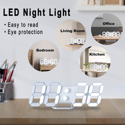 EDUP HOME Plastic 3D Led Digital Wall Clock Desk Alarm Clock With Remote Control For Kitchen Bedroom Office, Fashion 9.7" Led Night Light Clock Adjust Brightness 12H/24H Time Date Temperature White