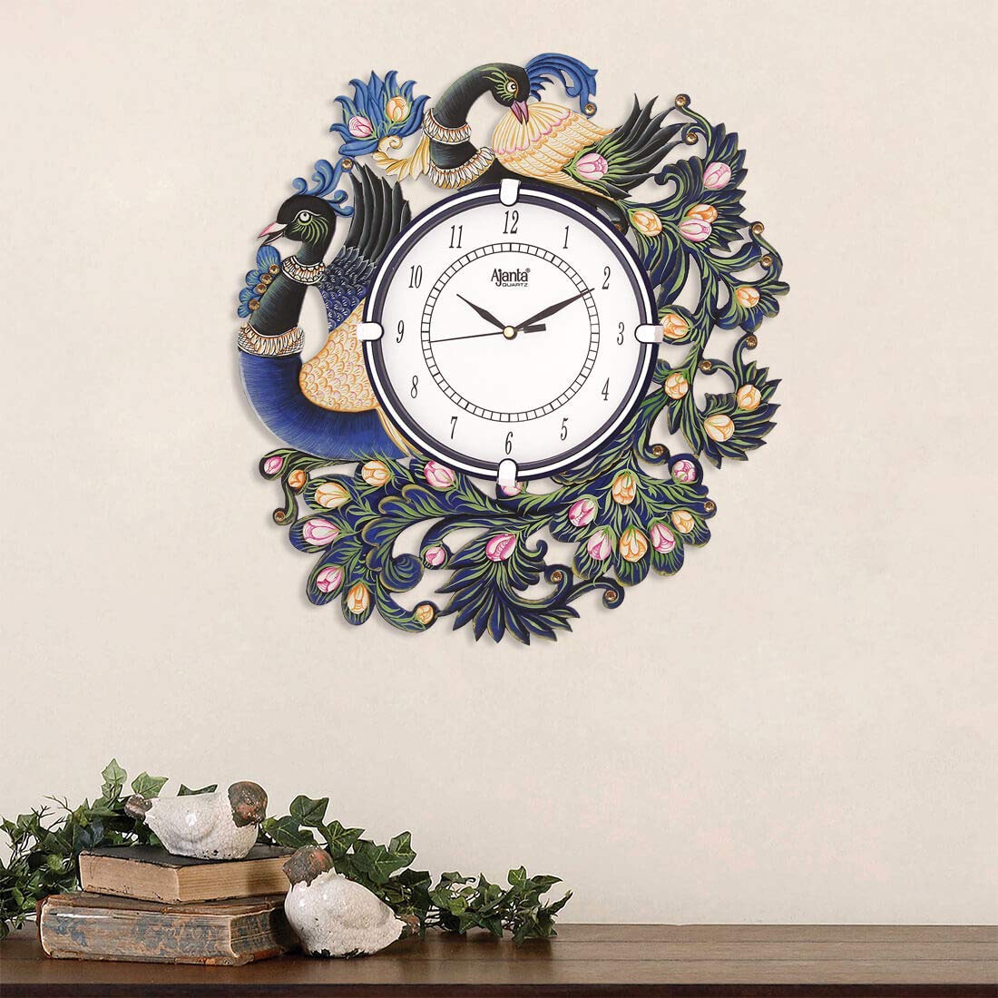 CIRCADIAN Peacock Design Wooden Wall Clock for Home Living Room Hall Office Stylish (Blue || 13X14 in) Analog