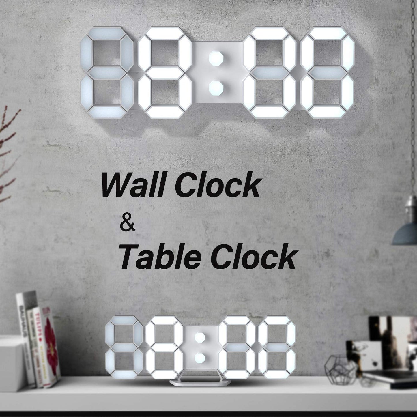 EDUP HOME Plastic 3D Led Digital Wall Clock Desk Alarm Clock With Remote Control For Kitchen Bedroom Office, Fashion 9.7" Led Night Light Clock Adjust Brightness 12H/24H Time Date Temperature White