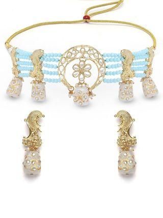 Karatcart White Designer Tumble Light Blue Crystal Beaded Kundan Choker Necklace Set