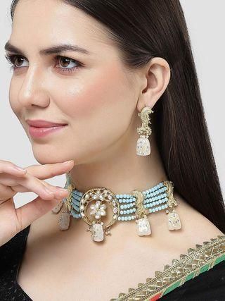 Karatcart White Designer Tumble Light Blue Crystal Beaded Kundan Choker Necklace Set