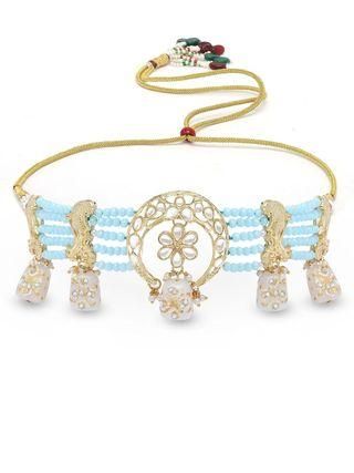 Karatcart White Designer Tumble Light Blue Crystal Beaded Kundan Choker Necklace Set