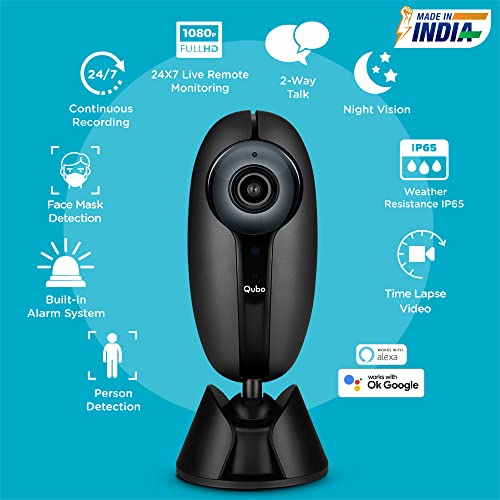 Qubo Outdoor Security Camera (Black) from Hero Group | Made in India | IP65 All-Weather | 2MP 1080p Full HD | CCTV Wi-Fi Camera | Night Vision | Mobile App Connectivity | Cloud & SD Card Recording